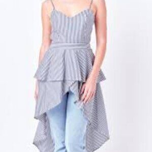 English Farctory Blue Stripe  Poplin High-Low Spaghetti Strap Top sz L